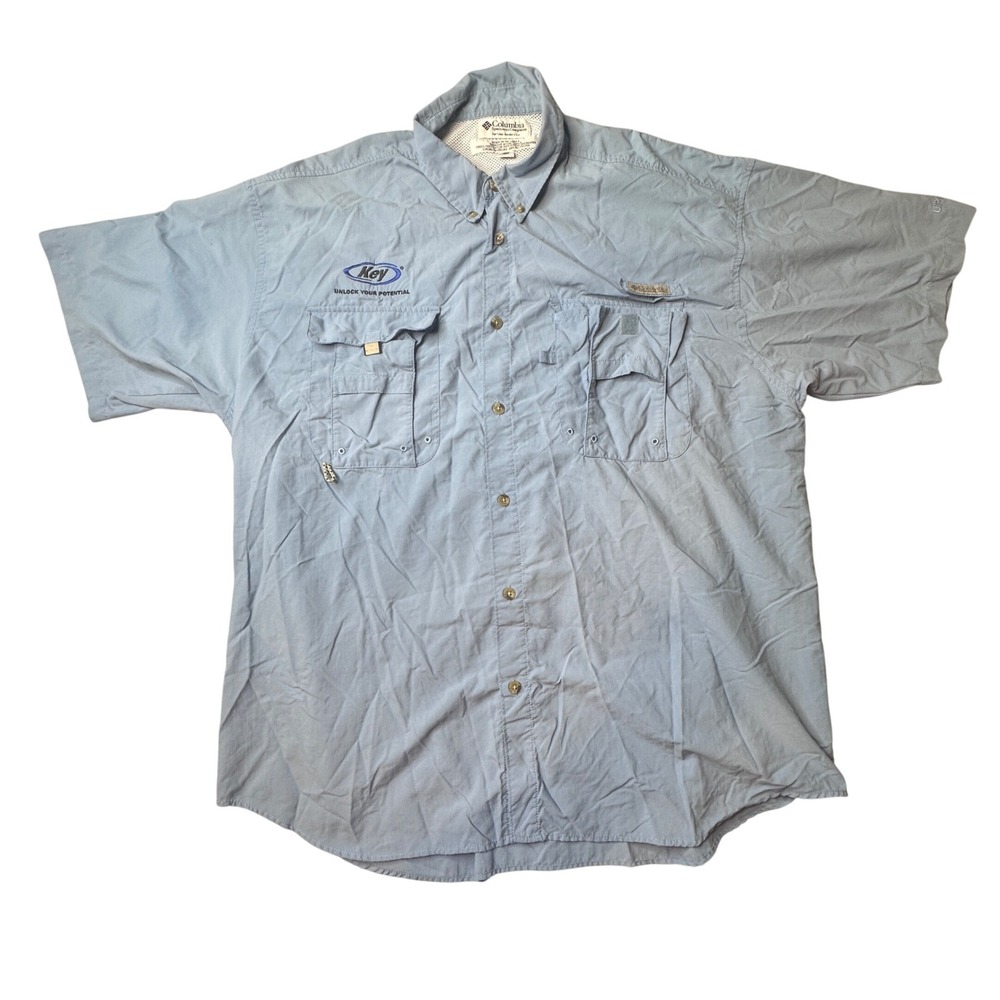 Columbia‎ Fishing Shirt Mens XL Blue PFG Bahama II Short Sleeve Ventilated Logo